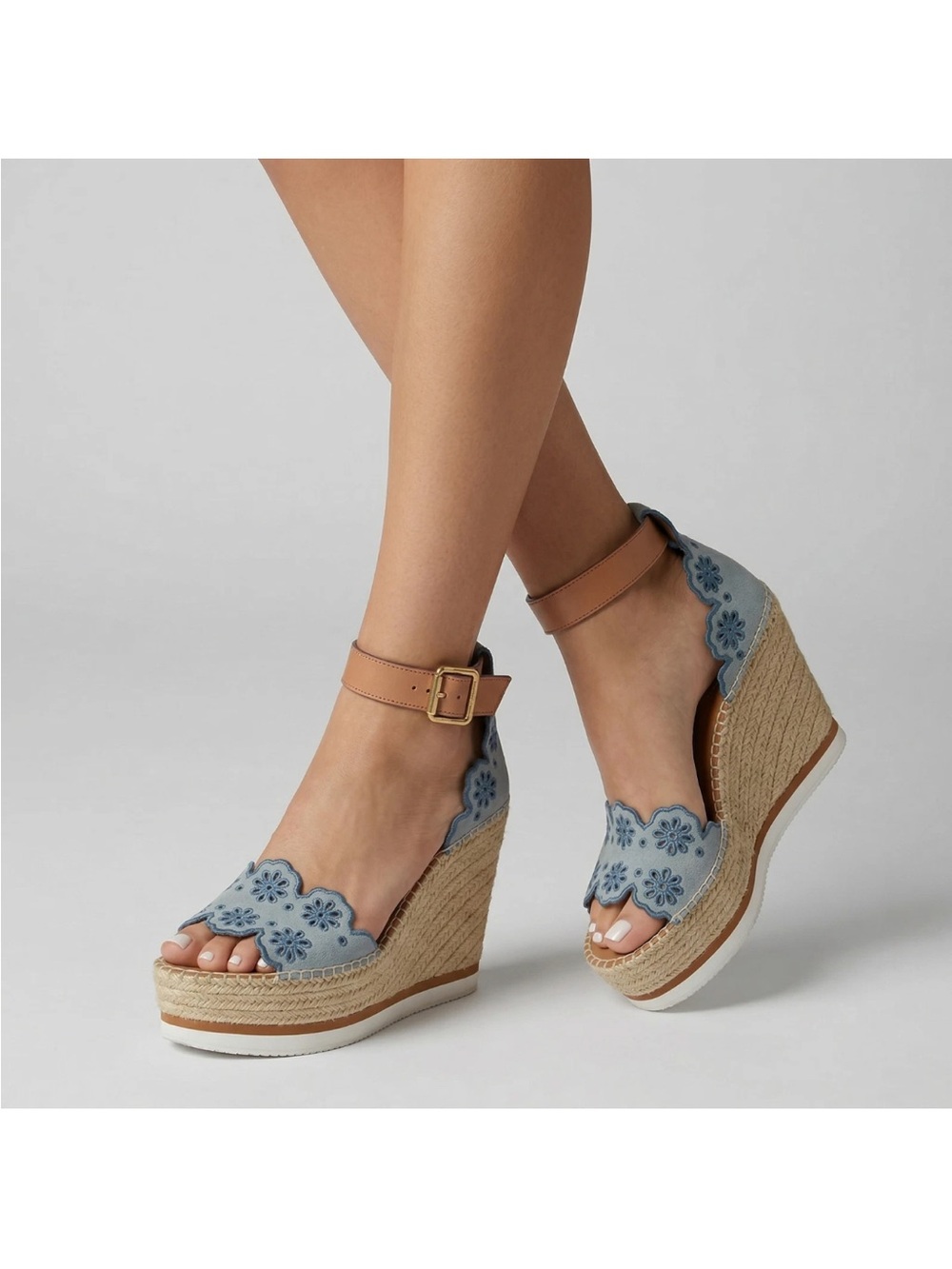 See by Chloe Floral Scalloped Espadrille Wedges Size 37 - Picture 2 of 9